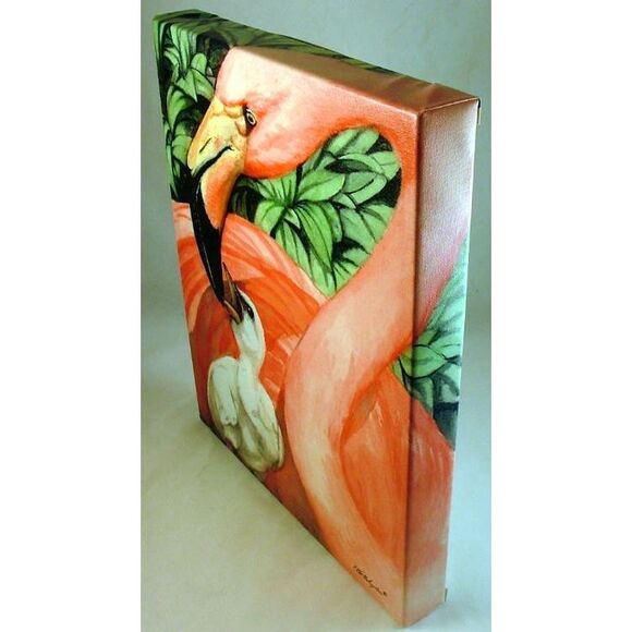 Tropical Pink Flamingo Mother and Baby Chick Canvas Gallery Wrap 15x12 Inches - Picture 2 of 5